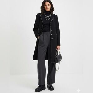 Emporio Armani Black Wool Blend Faux Leather Trim Button Front Coat Womens